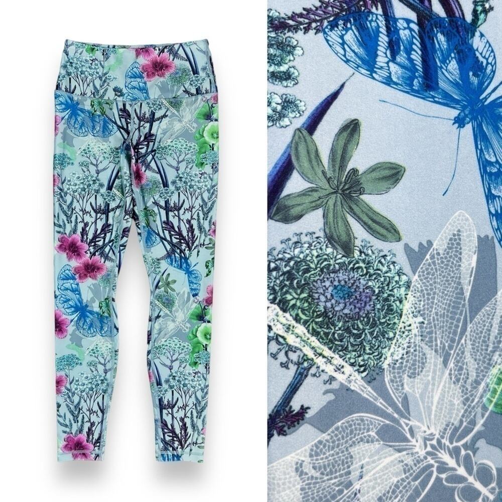Playground Garden Butterfly Dragonfly Yoga Legging Tights S Blue Pink Botanical